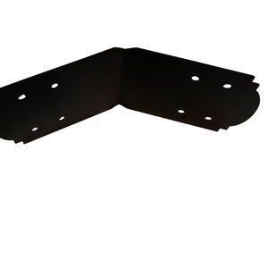 May include: Black metal corner brace with decorative edges and multiple holes for attaching to wood.