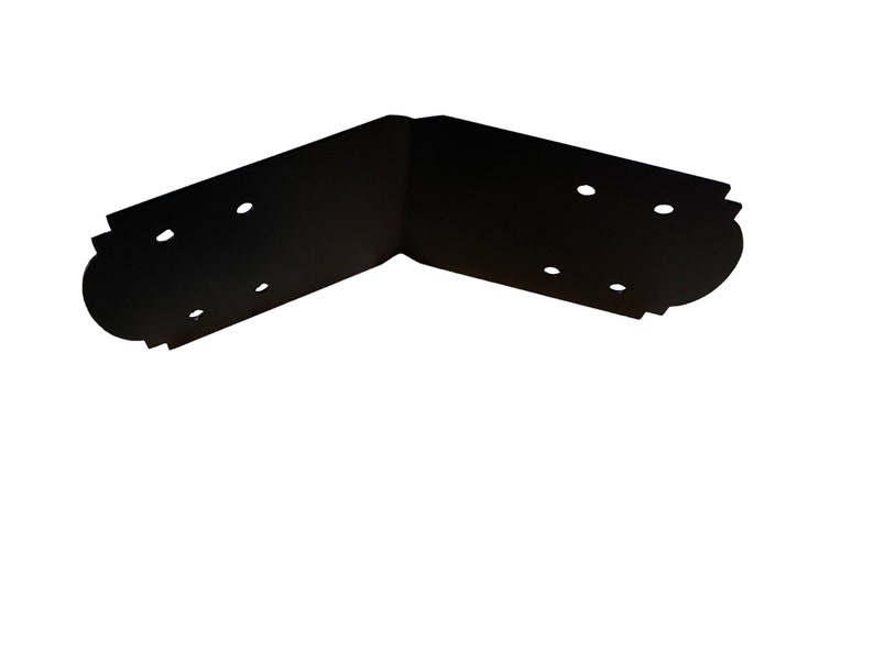 May include: Black metal corner brace with decorative edges and multiple holes for attaching to wood.
