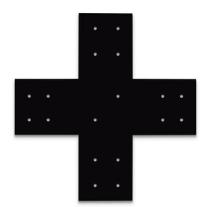 May include: A black metal bracket in a cross shape, featuring multiple pre-drilled holes for secure fastening. The bracket is designed for structural support and is set against a clean white background.