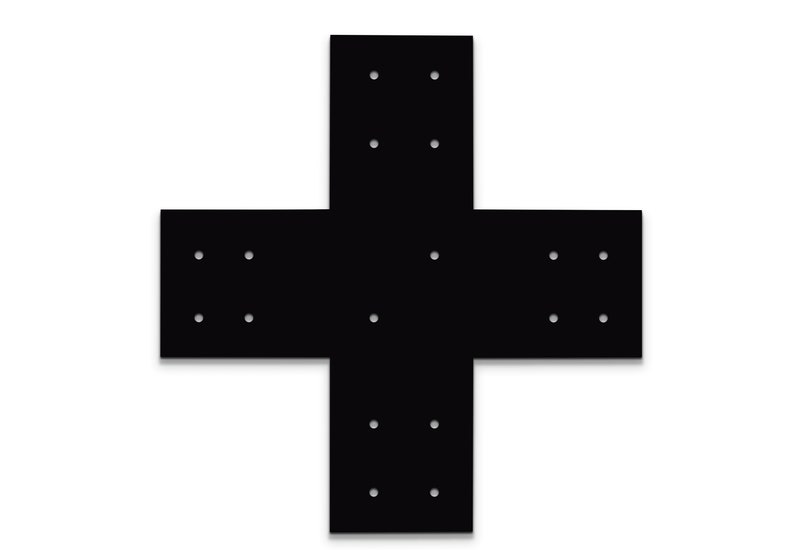 May include: A black metal bracket in a cross shape, featuring multiple pre-drilled holes for secure fastening. The bracket is designed for structural support and is set against a clean white background.