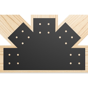 May include: A black metal corner brace with multiple holes for attaching wood beams. The brace is attached to two wooden beams that form a corner.