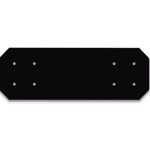 May include: A black rectangular metal plate with rounded corners and eight evenly spaced holes. The plate is set against a white background, highlighting its shape and design. This item is likely used for construction or mounting.