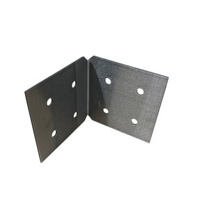 May include: A silver-colored, right-angle bracket made of metal. The bracket has a series of evenly spaced holes for mounting. The two perpendicular sides are joined at a 90-degree angle. The bracket is designed for structural support.