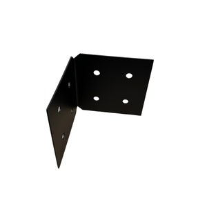 May include: A black metal corner bracket with pre-drilled holes for mounting. The bracket is L-shaped, with a square plate on one side and a triangular plate on the other. The bracket is designed for structural support.