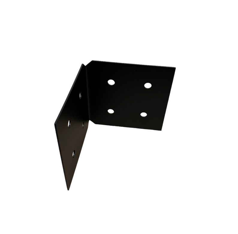 May include: A black metal corner bracket with pre-drilled holes for mounting. The bracket is L-shaped, with a square plate on one side and a triangular plate on the other. The bracket is designed for structural support.