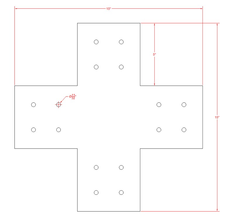 May include: A metal plate with 12 holes in a cross pattern. The plate is 15 inches wide and 15 inches long. The center hole is 11/32 inches in diameter.