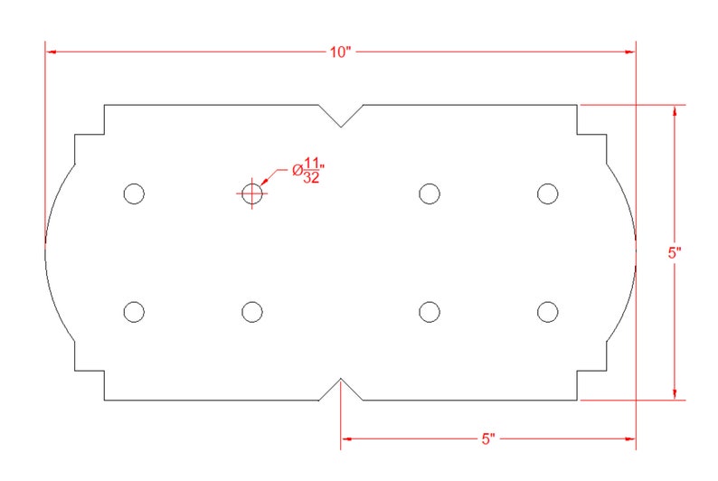 Op de afbeelding: Een zwart-witte lijntekening van een metalen plaat met zes gaten, elk met een diameter van 11/32 inch. De plaat is 10 inch breed en 5 inch hoog.