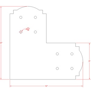 May include: A white metal bracket with a curved top and six holes. The bracket is 10 inches wide and 5 inches tall. The holes are 11/32 inches in diameter.