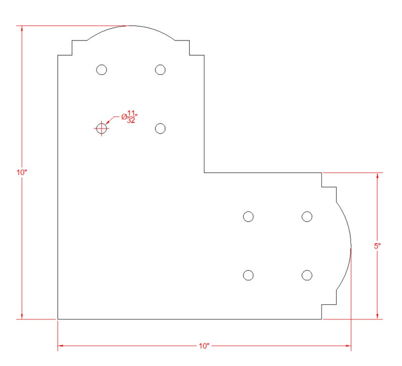 May include: A white metal bracket with a curved top and six holes. The bracket is 10 inches wide and 5 inches tall. The holes are 11/32 inches in diameter.