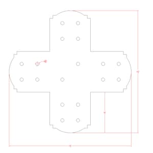 May include: A black and white line drawing of a ceiling light fixture with 16 light bulbs. The fixture is shaped like a cross with rounded ends. The fixture is 10 1/2 inches wide and 6 1/2 inches tall.