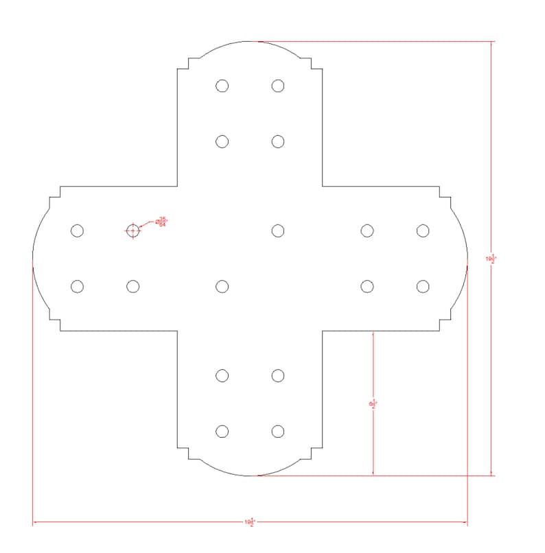 May include: A black and white line drawing of a ceiling light fixture with 16 light bulbs. The fixture is shaped like a cross with rounded ends. The fixture is 10 1/2 inches wide and 6 1/2 inches tall.