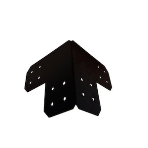 May include: Black metal corner brace with multiple pre-drilled holes for screws. The brace is designed to reinforce corners in woodworking or construction projects. The brace is shown against a white background.