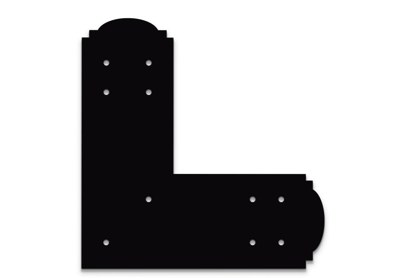 May include: Black metal corner brace with decorative details and multiple holes for mounting.