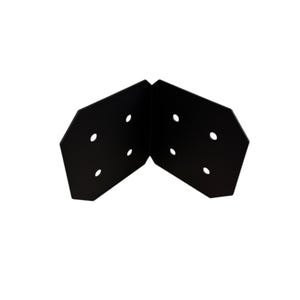 May include: Two black metal corner braces, each with a series of pre-drilled holes for screws. The braces are positioned at a 90-degree angle, designed for structural support in woodworking or construction projects.
