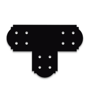 May include: Black metal T-shaped bracket with multiple holes for attaching to a surface. The bracket has a decorative rounded edge.