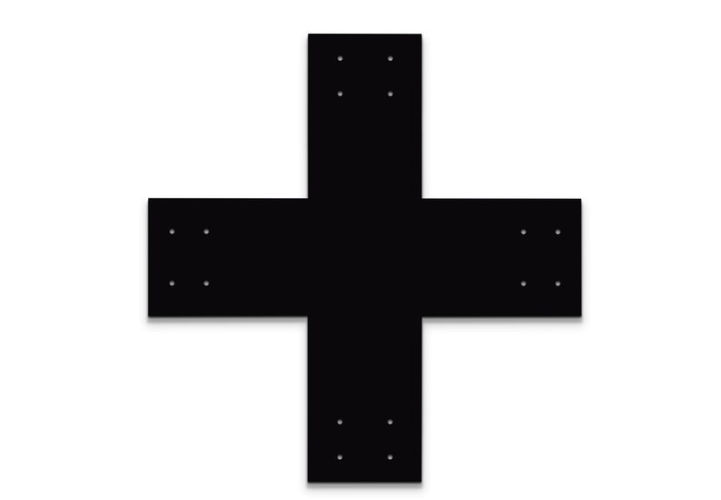 May include: Black metal cross-shaped bracket with eight holes for mounting.