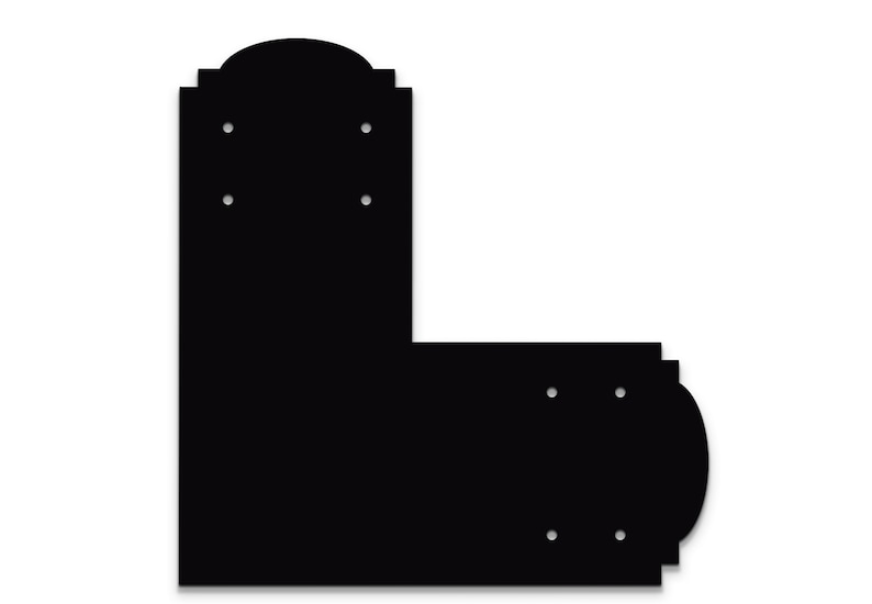 May include: Black metal corner bracket with decorative edges and multiple screw holes.