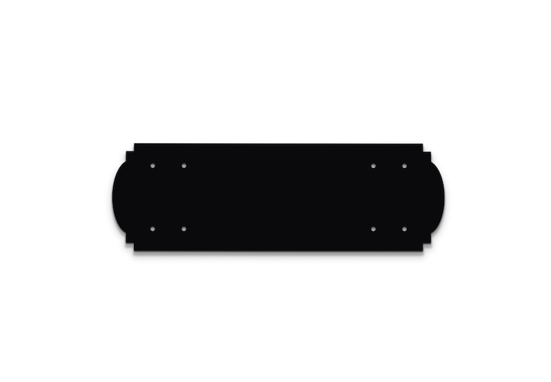 May include: Black metal sign with rounded edges and four screw holes. The sign is blank and ready to be customized.