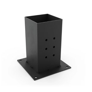 May include: Black metal post base with a square top and a rectangular base. The base has six holes for mounting.