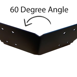 May include: Black metal corner brace with a 60 degree angle. The brace has multiple holes for attaching screws or nails.