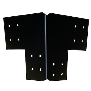 May include: Black metal corner brace with multiple holes for attaching wood beams. The brace is designed to support a 90-degree angle.