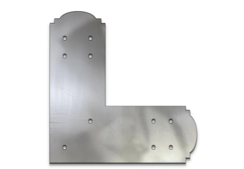 May include: Silver metal corner brace with decorative edges and multiple holes for attaching screws.