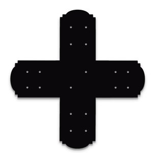 May include: Black metal corner brace with decorative details and multiple holes for attaching to wood.