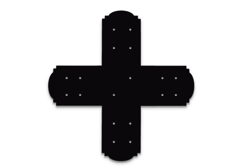 May include: Black metal corner brace with decorative details and multiple holes for attaching to wood.