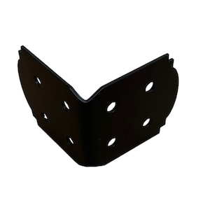 May include: A black, right-angle corner brace with multiple circular holes for screws. The brace is made of metal and is designed to reinforce corners in woodworking or construction projects. The edges have decorative cutouts.