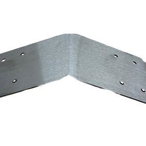 May include: A silver metal corner brace with multiple holes for attaching to a surface. The brace is designed to reinforce a corner joint.