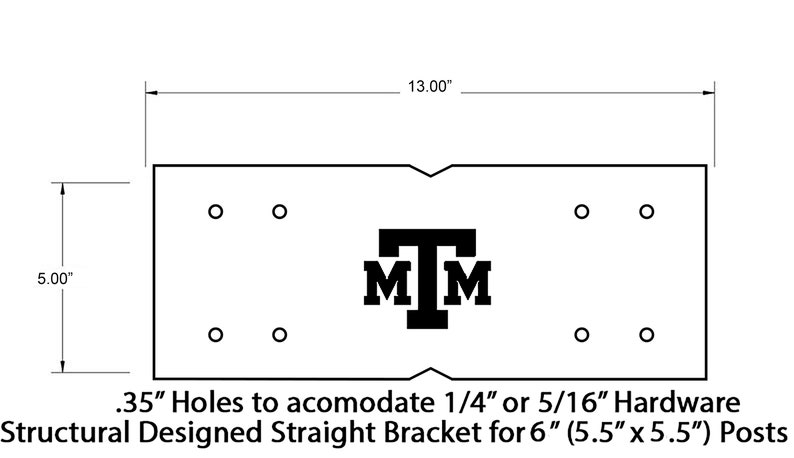 K&ouml;nnte beinhalten: Eine Schwarzwei&szlig;-Zeichnung eines geraden Tr&auml;gers mit vier L&ouml;chern zur Montage. Der Tr&auml;ger ist mit "Structural Designed Straight Bracket for 6" (5.5" x 5.5") Posts" beschriftet. Der Tr&auml;ger tr&auml;gt au&szlig;erdem die Buchstaben "MIM" in einer stilisierten Schrift.