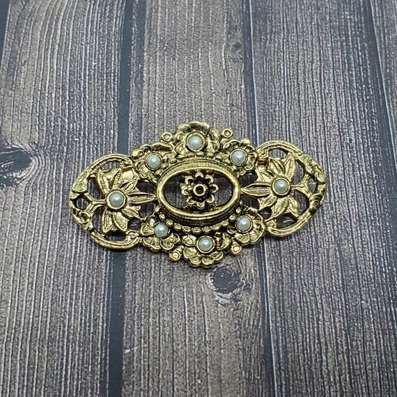 Vintage Floral Ornament Gold Tone White Stones Br… - image 2