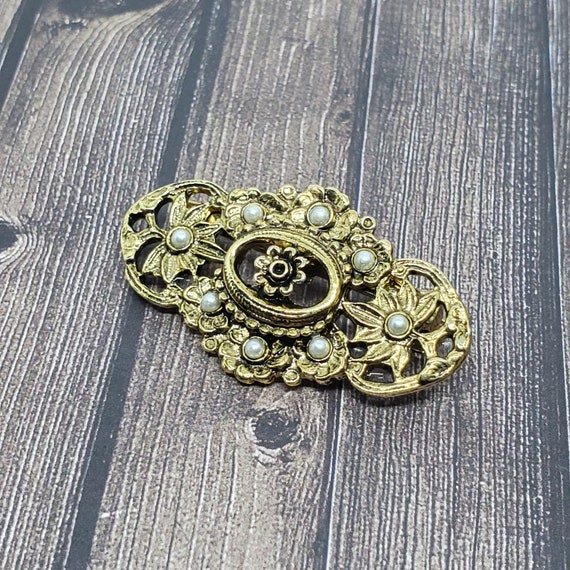 Vintage Floral Ornament Gold Tone White Stones Br… - image 3