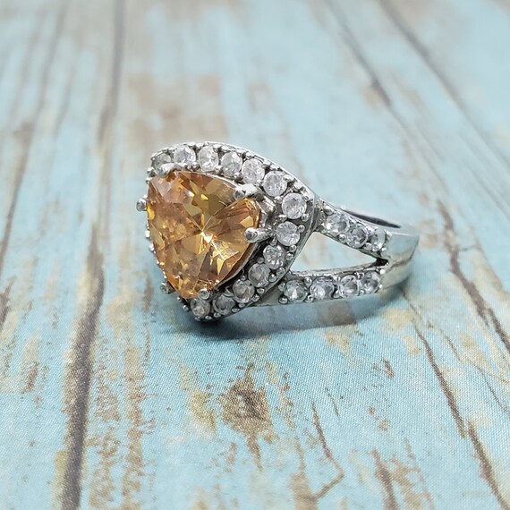 Vintage Sterling Silver 925 Triangle Burt Yellow Clear Glass Stone 