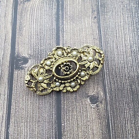 Vintage Floral Ornament Gold Tone White Stones Br… - image 1