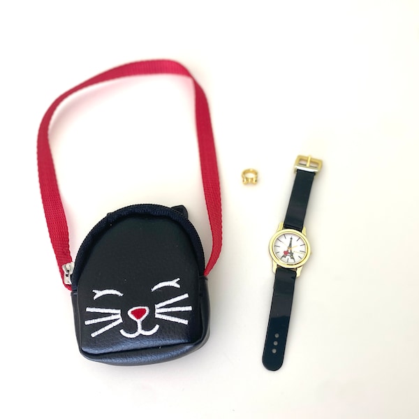 American Girl City of Lights Accessories RARE cat purse, Eiffel tower watch and bow ring for 18 inch dolls