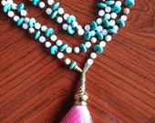 Mala.handmade. gemstones with a pink tassel. Howlite turquoise, rose quartz, amozonite gemstones