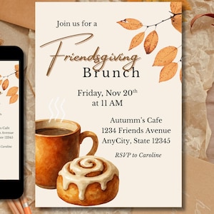 Friendsgiving Brunch Invitation | Fall Birthday Brunch |  Coffee and Cinnamon Roll Invite | Editable Template | Digital Download