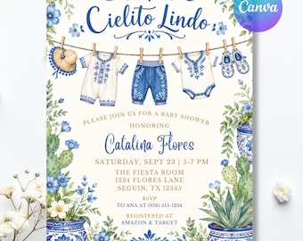 Blue Cielito Lindo Baby Boy Shower Invitation, Talavera Baby Shower Invite, Editable Canva Digital Template, Mexican Baby Shower 5x7 w/Back