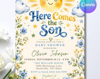 Here Comes the Son Baby Shower Invitation, Boho Sunshine Boy Baby Shower Invite, Editable Canva Template Invite w/Back (Digital Download)