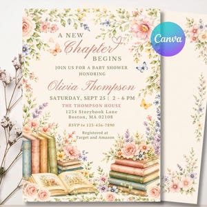 A New Chapter Begins Baby Shower Invitation, Storybook Baby Shower Invite, Canva Editable, Digital Template, Watercolor Floral 5x7 w/Back