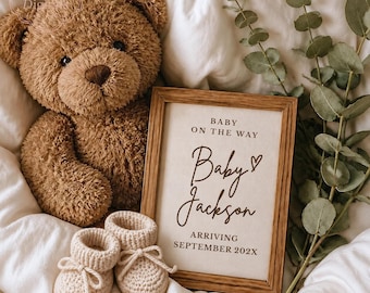 Minimal Teddy Bear Pregnancy Announcement, Neutral Baby Announcement, Editable Canva Digital Template, Social Media Reveal