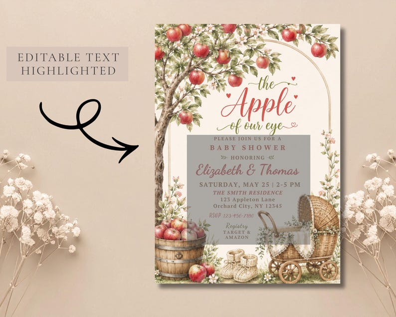 May include: A rectangular baby shower invitation card featuring an apple tree illustration, a wooden barrel filled with red apples, a wicker baby carriage, and baby booties. The text reads: The Apple of our eye, Baby Shower, Elizabeth & Thomas.