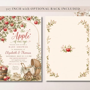 May include: A 5x7 inch baby shower invitation card featuring an apple tree illustration, a wooden barrel of apples, and a wicker baby carriage. The text reads: The Apple of our eye, PLEASE JOIN US FOR A BABY SHOWER HONORING Elizabeth & Thomas.