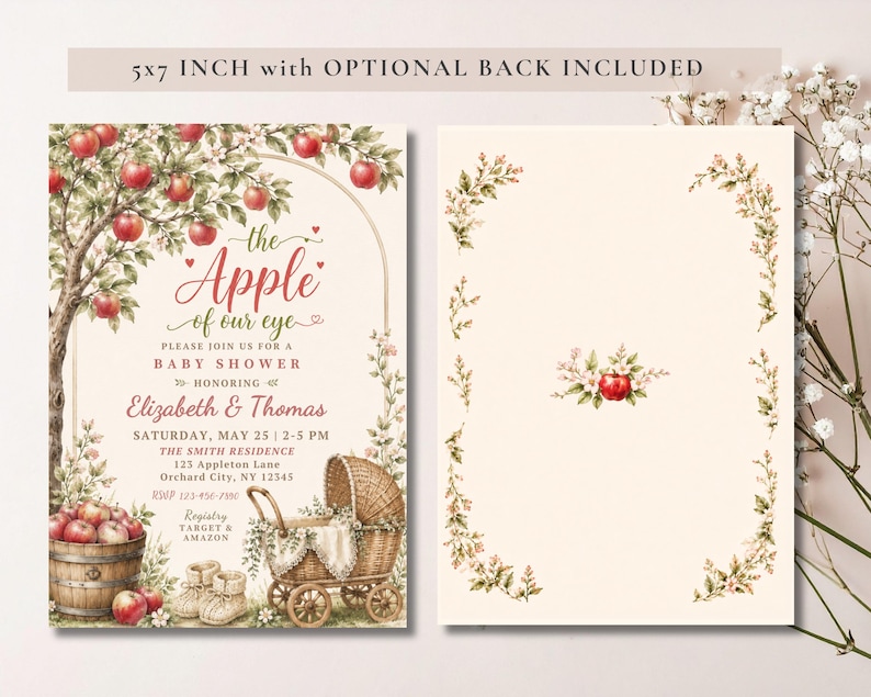 May include: A 5x7 inch baby shower invitation card featuring an apple tree illustration, a wooden barrel of apples, and a wicker baby carriage. The text reads: The Apple of our eye, PLEASE JOIN US FOR A BABY SHOWER HONORING Elizabeth & Thomas.