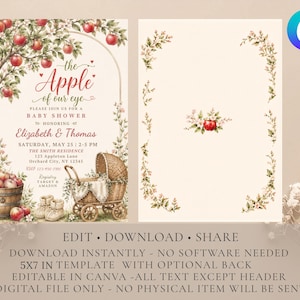 May include: A digital baby shower invitation template featuring an apple tree illustration, a wooden barrel of apples, and a wicker baby carriage. The text reads: The Apple of our eye, please join us for a baby shower honouring Elizabeth & Thomas.