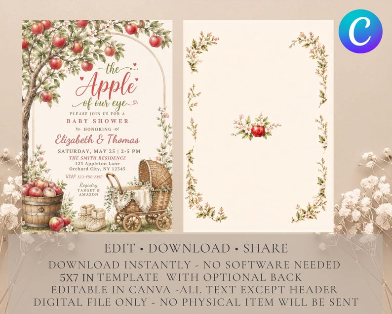 May include: A digital baby shower invitation template featuring an apple tree illustration, a wooden barrel of apples, and a wicker baby carriage. The text reads: The Apple of our eye, please join us for a baby shower honouring Elizabeth & Thomas.