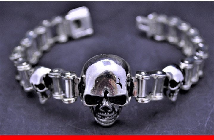925 Silver Skull Bracelet, MOTORCYCLE CHAIN BRACELET  skull bike link bracelet