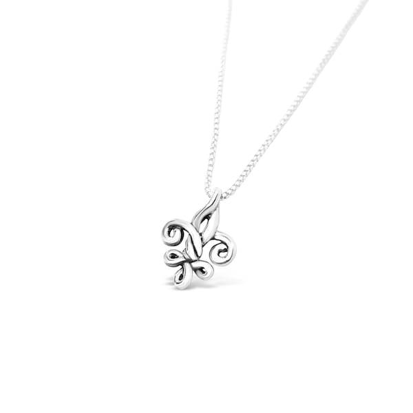 Small Fleur de Love Knot Necklace by New Orleans Native Designer, Cristy Cali, solid sterling silver
