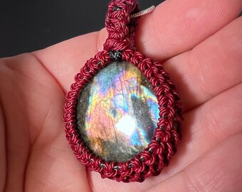 Rainbow Labradorite macrame pendant, witch wear, gifts for her, anniversary gift, pagan wicca handfasting, witchy gifts, gifts for them